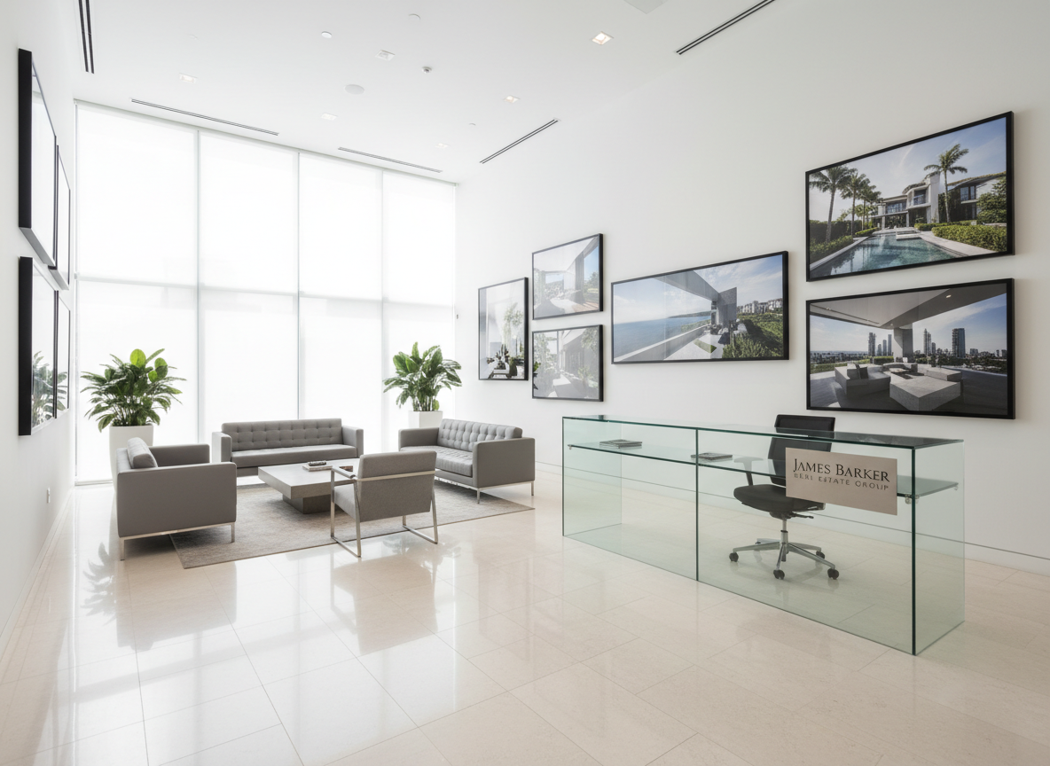 A sophisticated, contemporary office lobby designed for a high-end real estate firm. The space features elegant, clean architectural lines, minimalist neutral furniture with plush gray upholstery, and a gleaming glass reception desk bearing a discrete plaque that reads "James Barker Real Estate Group." The floor is polished light stone and the walls feature large wall-mounted photographs of luxury properties with matte black frames. The lobby is bathed in abundant diffused natural daylight streaming through floor-to-ceiling windows, casting soft, subtle shadows and reflective highlights. Shot from an eye-level, wide-angle perspective to convey an open, professional, and inviting mood. The overall composition is balanced and structured with a photographic realism that expresses corporate sophistication.